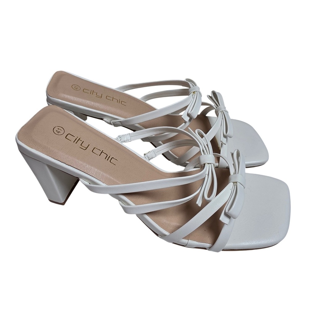 City Chic Womens Size 10W Off White Mule Heels Bow Square‎ Toe Sandals